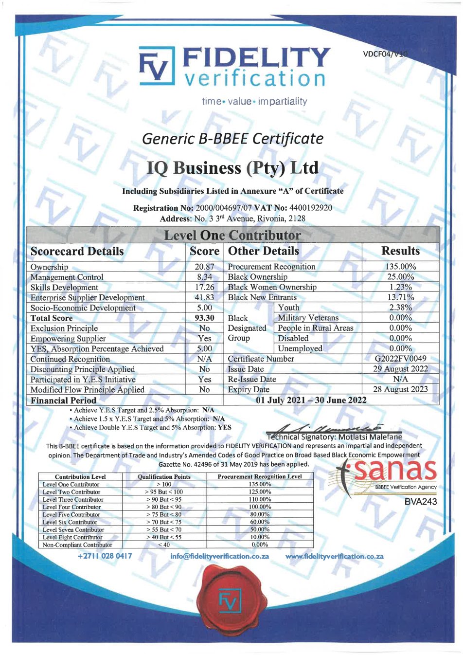 B-BBEE Level 1 Contributor certificate